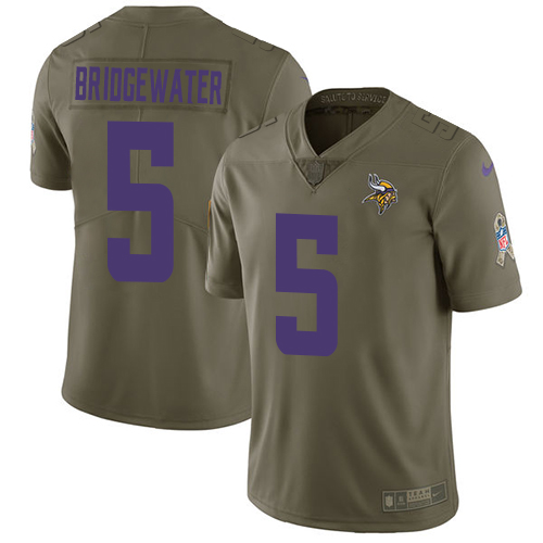 Nike Vikings #5 Teddy Bridgewater Olive Youth Stitched NFL Limited Salute to Service Jersey - Click Image to Close